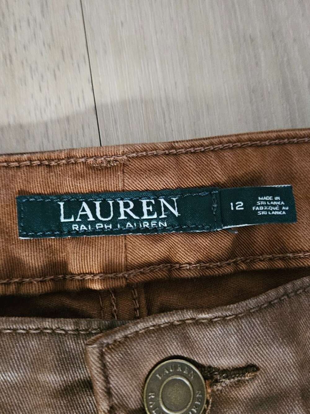 Ralph Lauren Brown Waxed Denim Skinny Pants Size 12 - Picture 2 of 6